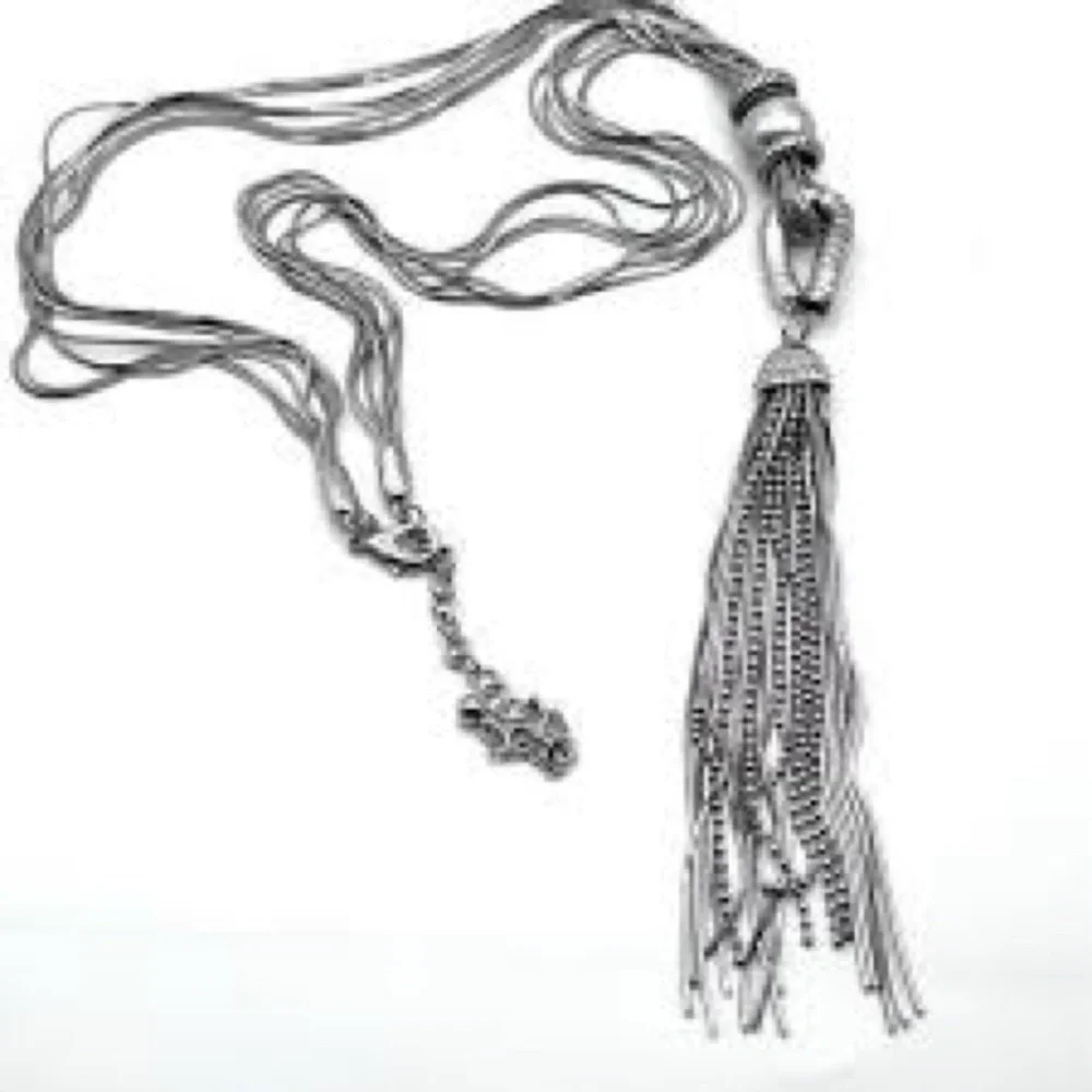 Chico's Chic Silver Rhinestone Tassel Necklace 28” necklace 9” Tassel